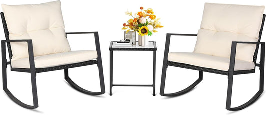 3 Piece Outdoor Rocking Bistro Set Black Wicker Furniture Porch Chairs Conversation Sets with Glass Coffee Table, Beige