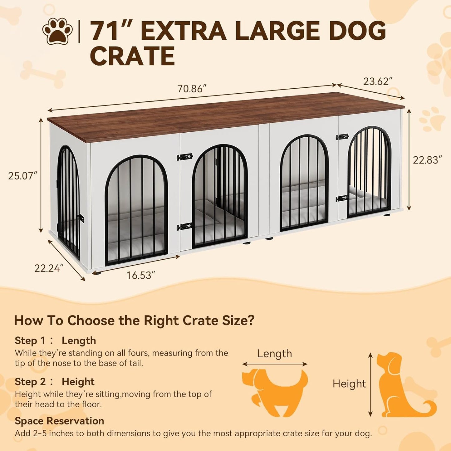 Dog Crate Furniture for 2 Dogs, 71" Dog Kennel Indoor with Cushions, XXL Wooden Dog Crates TV Stand with Removable Divider, Large Double Dog Crate End Table