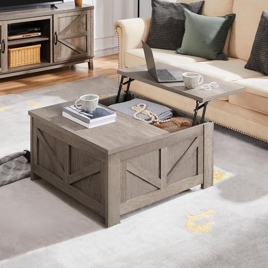 Lift Top Coffee Table, Square Farmhouse Coffee Table with Hidden Storage Compartment, Wood Center Table for Living Room, Home Office, Gray