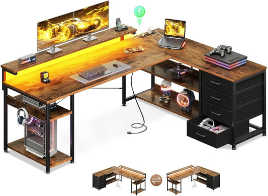 61" L Shaped Desk with Drawer, Computer Desk with Power Outlets & LED Lights, Reversible Corner Gaming Desks for Home Office Workstation, Office Table with Monitor Shelf, Vintage