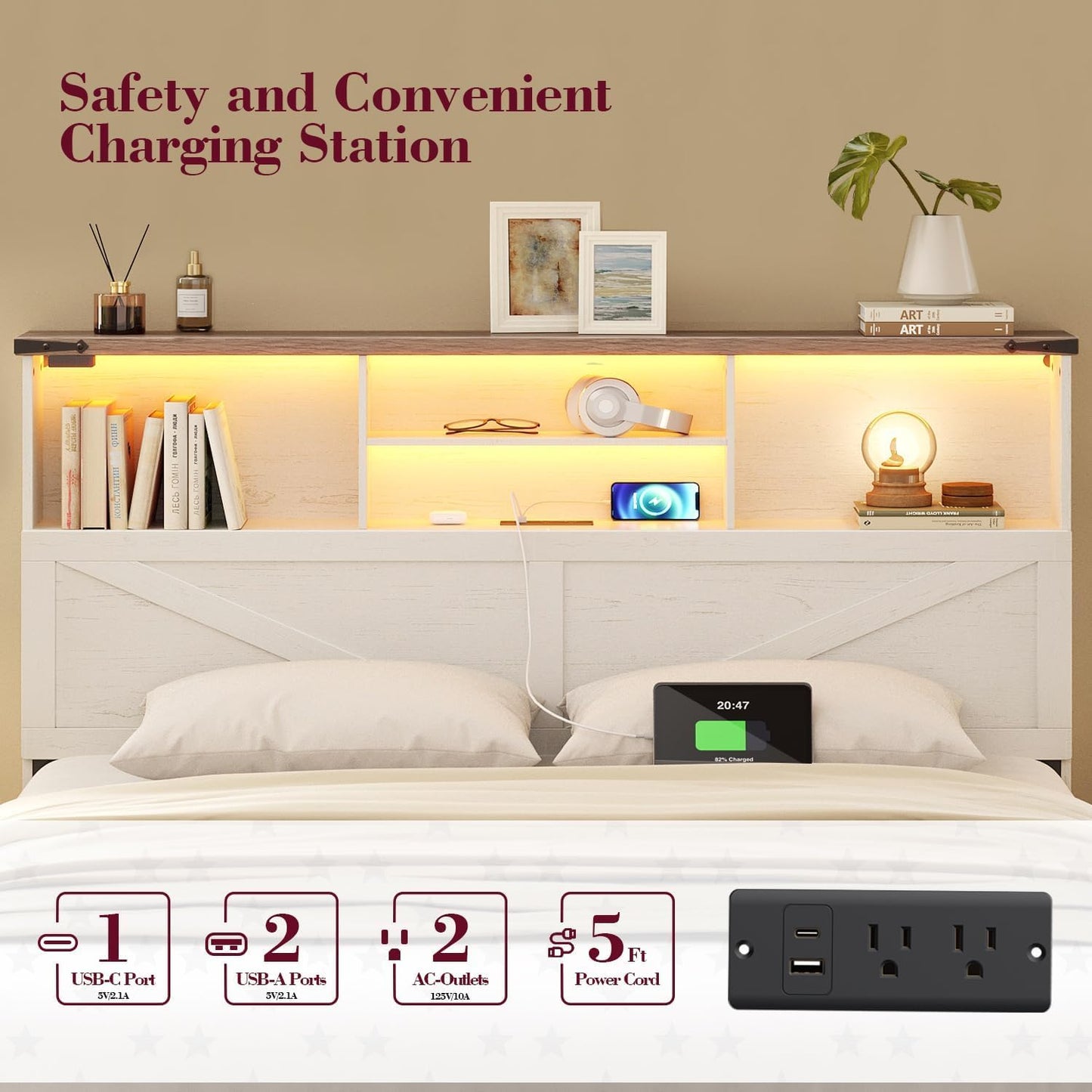 Full Size Bed Frame with Bookshelf, High Headboard with Charging Station and LED Light, Farmhouse Bed with Storage Drawers, No Box Spring Needed, Noise Free, Easy Assembly, Antique White