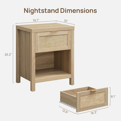 Rattan Nightstands Set of 2, Farmhouse Night Stand Bedside Table with Drawer and Storage Shelf - Boho End Side Table for Bedroom, Light Oak