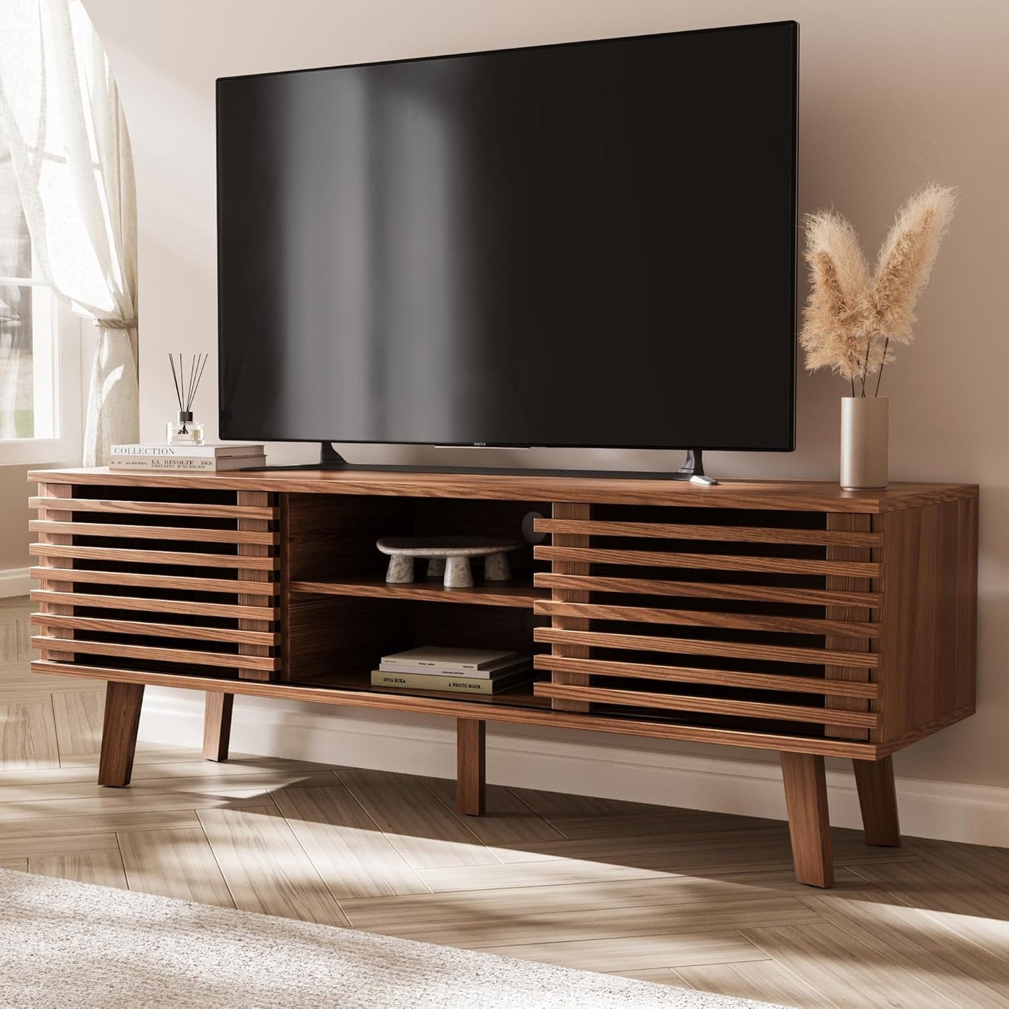 Mid-Century Modern TV Stand for 50/55/60 Inch TV, Retro Entertainment Center with Storage Cabinet & Sliding Door, TV Stand for Living Room, Bedroom