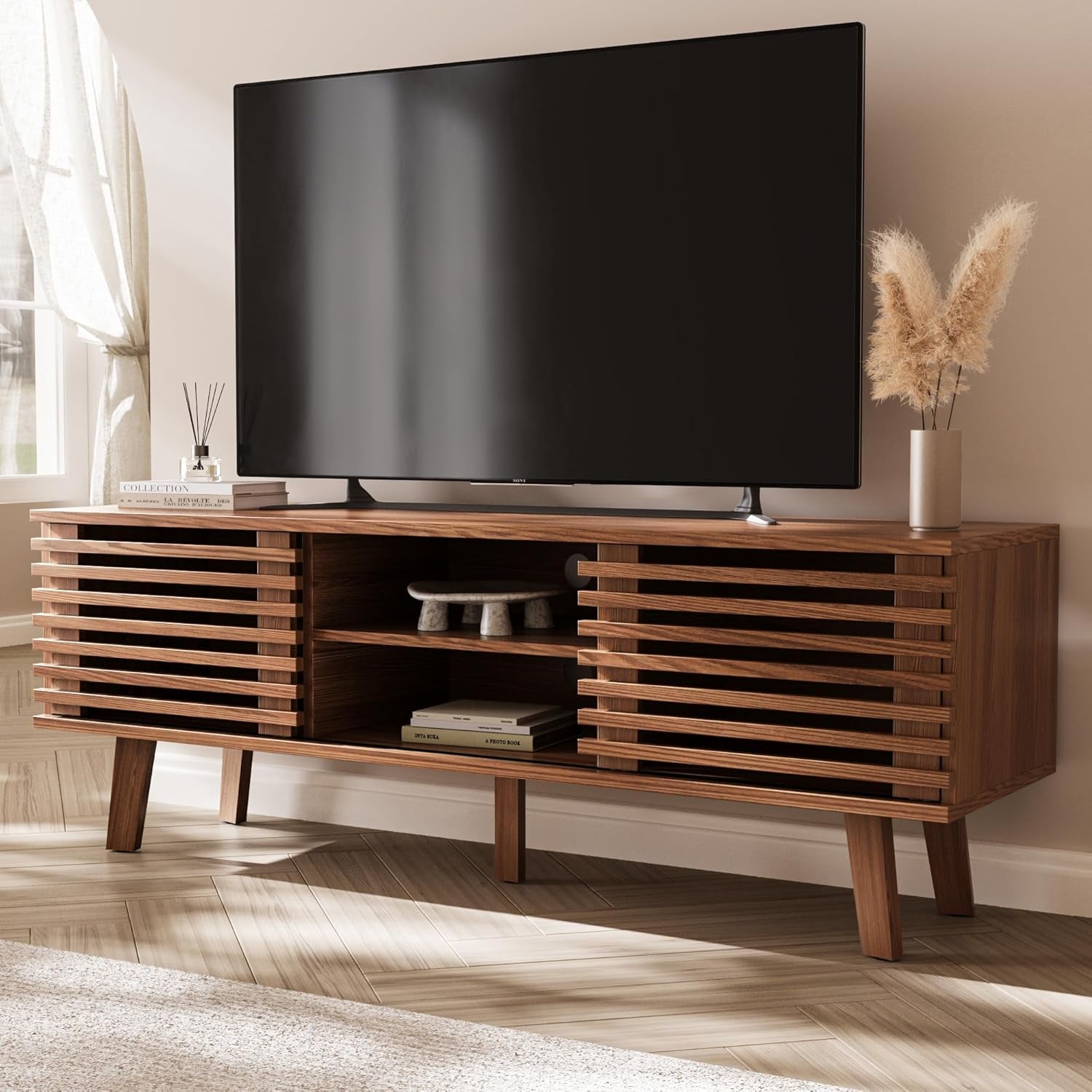 Mid-Century Modern TV Stand for 50/55/60 Inch TV, Retro Entertainment Center with Storage Cabinet & Sliding Door, TV Stand for Living Room, Bedroom