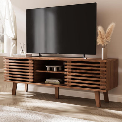 Mid-Century Modern TV Stand for 50/55/60 Inch TV, Retro Entertainment Center with Storage Cabinet & Sliding Door, TV Stand for Living Room, Bedroom