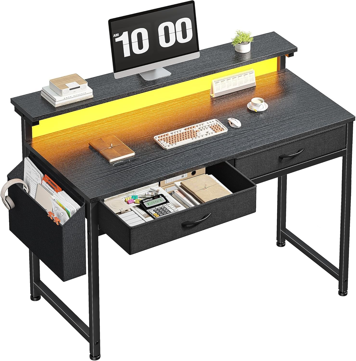 Gaming Desk with LED Lights & 2 Fabric Drawers, 39.4Inch Home Office Computer Desk with Side Pocket & Ergonomic Monitor Stand, Small Space Study Writing Table with Anti-Tip Design,Black