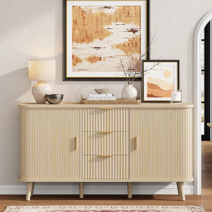 Natrual Buffet Cabinet, 55" Wide Sideboard Buffet Storage Cabinet with Rolling & Sliding Doors, Modern Bar Cabinet for Kitchen & Dining Room