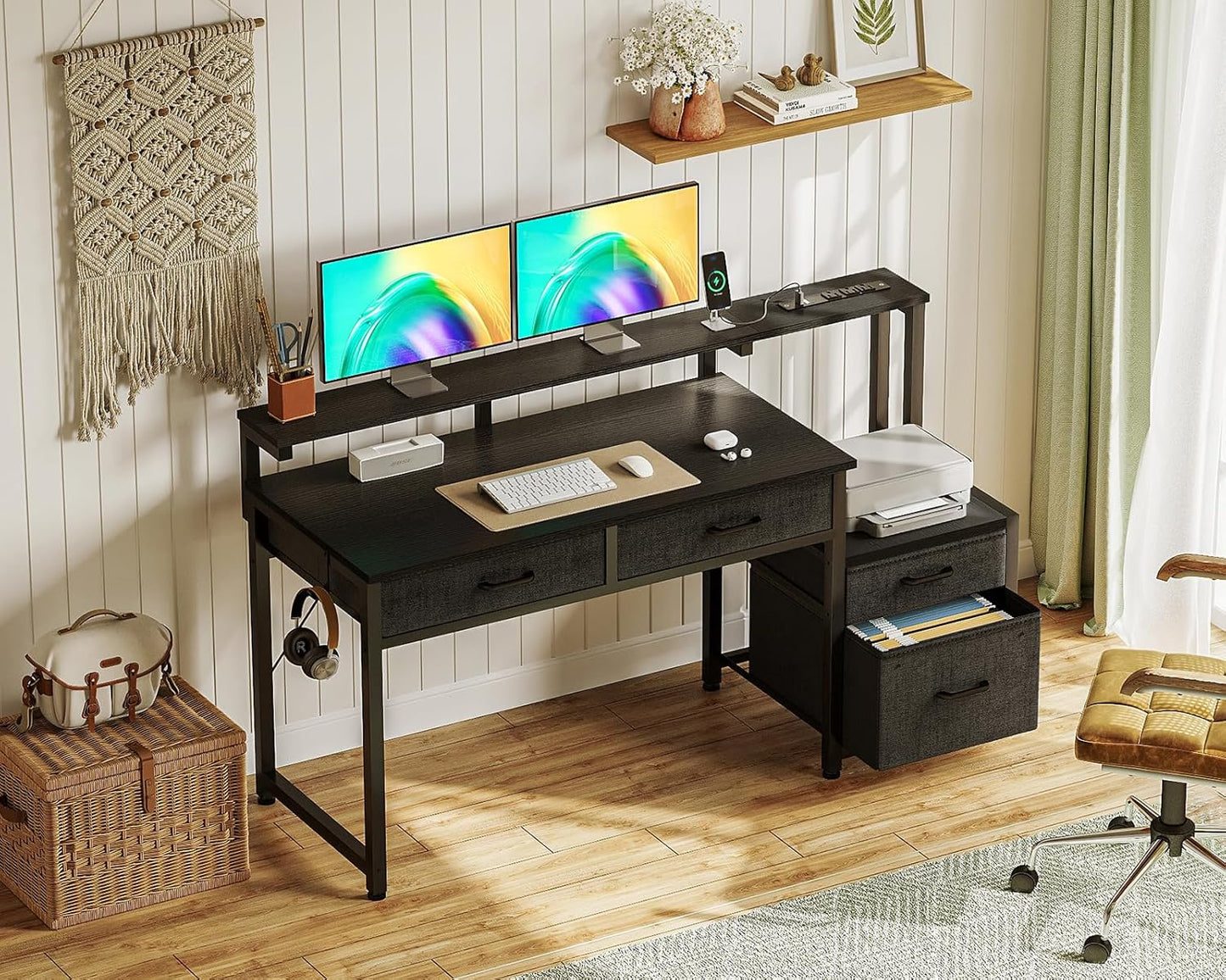 Computer Desk with 4 Drawers, 48 Inch Gaming Desk with Power Outlet, Office Desk with Monitor Shelf, Work Desk Table for Home Office, Black