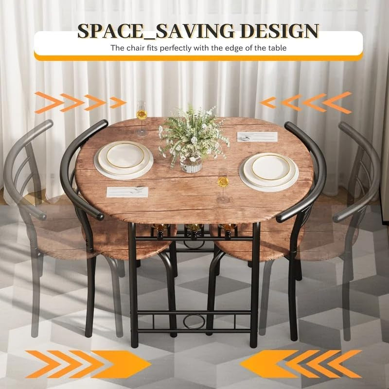 3-Piece Wooden Dining Table Set, Kitchen Breakfast Nook Sets with 2 Chairs & round Tabletop, Space Saving Furniture Metal Frame and Built-In Wine Rack, Brown
