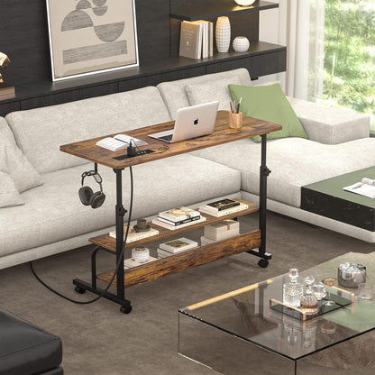 Height Adjustable Standing Desk with Power Outlets, 39" Manual Stand up Desk with Storage Shelves Small Mobile Rolling Computer Desk Portable Laptop Table with Wheels for Home Office, Rustic