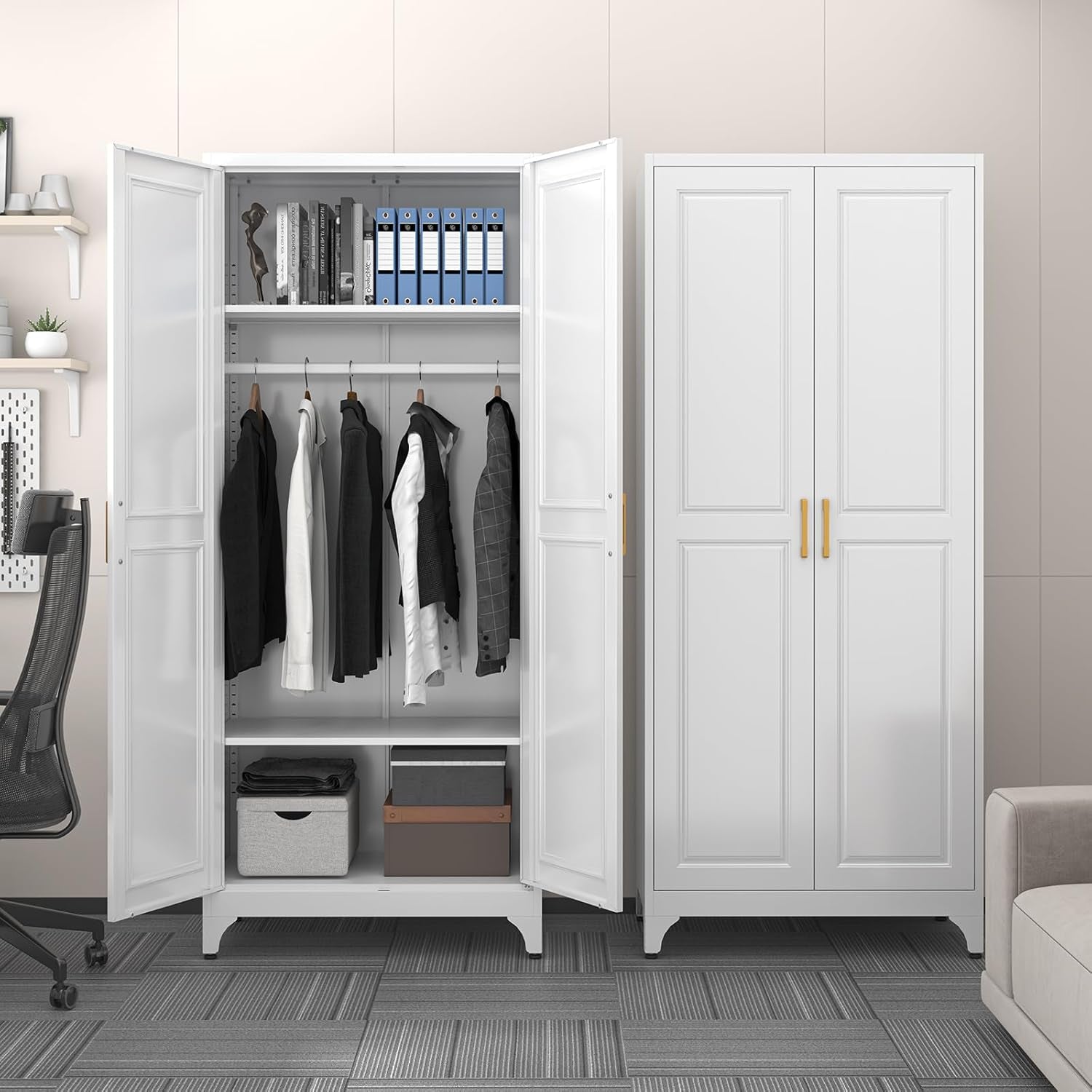 Metal Wardrobe Cabinet with Hanging Rod, 71" Tall Armoire Wardrobe Closet with 2 Doors and Adjustable Shelves, White Clothing Storage Cabinets for Bedroom, Laundry Room, Cloak Room