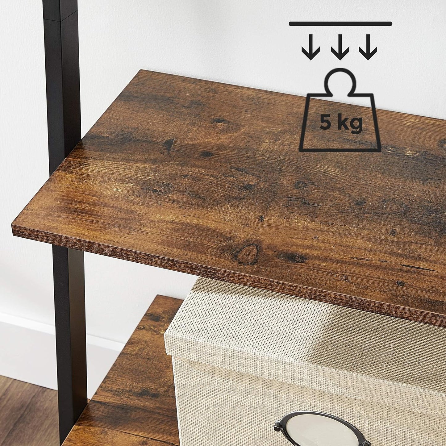 Ladder Shelf, 4-Tier Bookshelf, Storage Rack Shelves, for Living Room, Kitchen, Office, Steel, Stable, Sloping, Leaning against the Wall, Industrial, Rustic Brown and Black