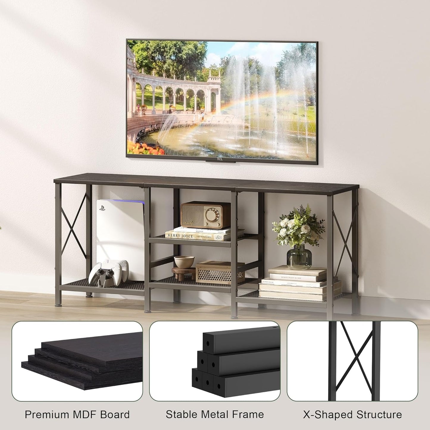 TV Stand for 55 Inch TV, Entertainment Center with 3-Tier Open Shelves, TV Console Table for Living Room, Bedroom, Black