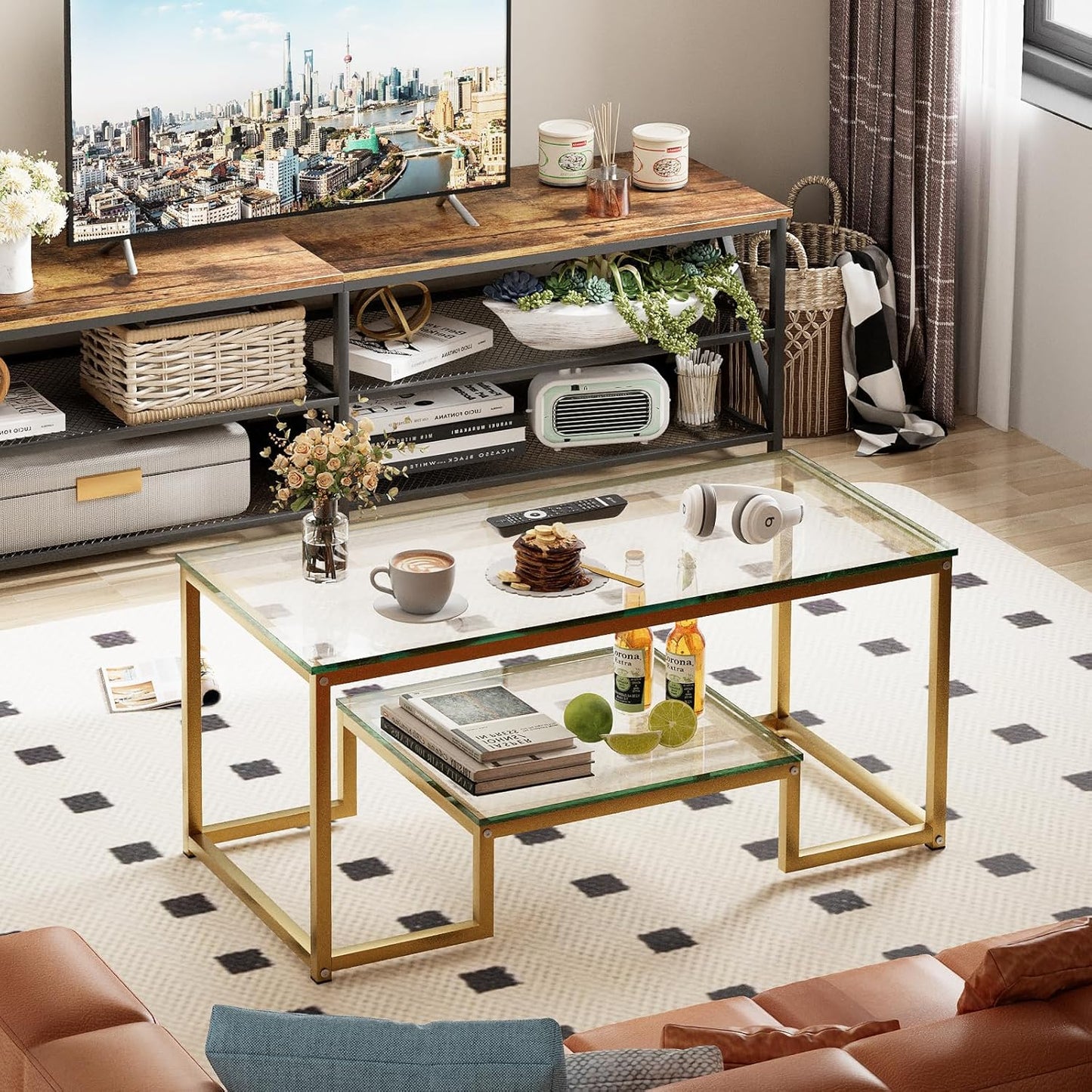 Coffee Table Gold Glass Coffee Table for Living Room,2 Tiers Rectangle Center Table with Sturdy Metal Frame,Modern Tempered Glass Accent Table for Bedroom Home Office