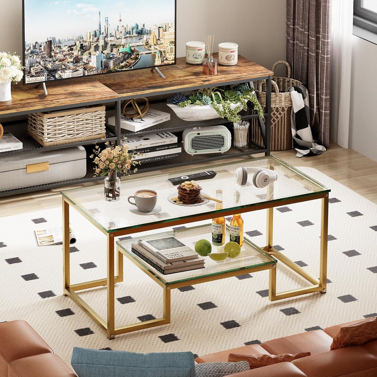 Coffee Table Gold Glass Coffee Table for Living Room,2 Tiers Rectangle Center Table with Sturdy Metal Frame,Modern Tempered Glass Accent Table for Bedroom Home Office