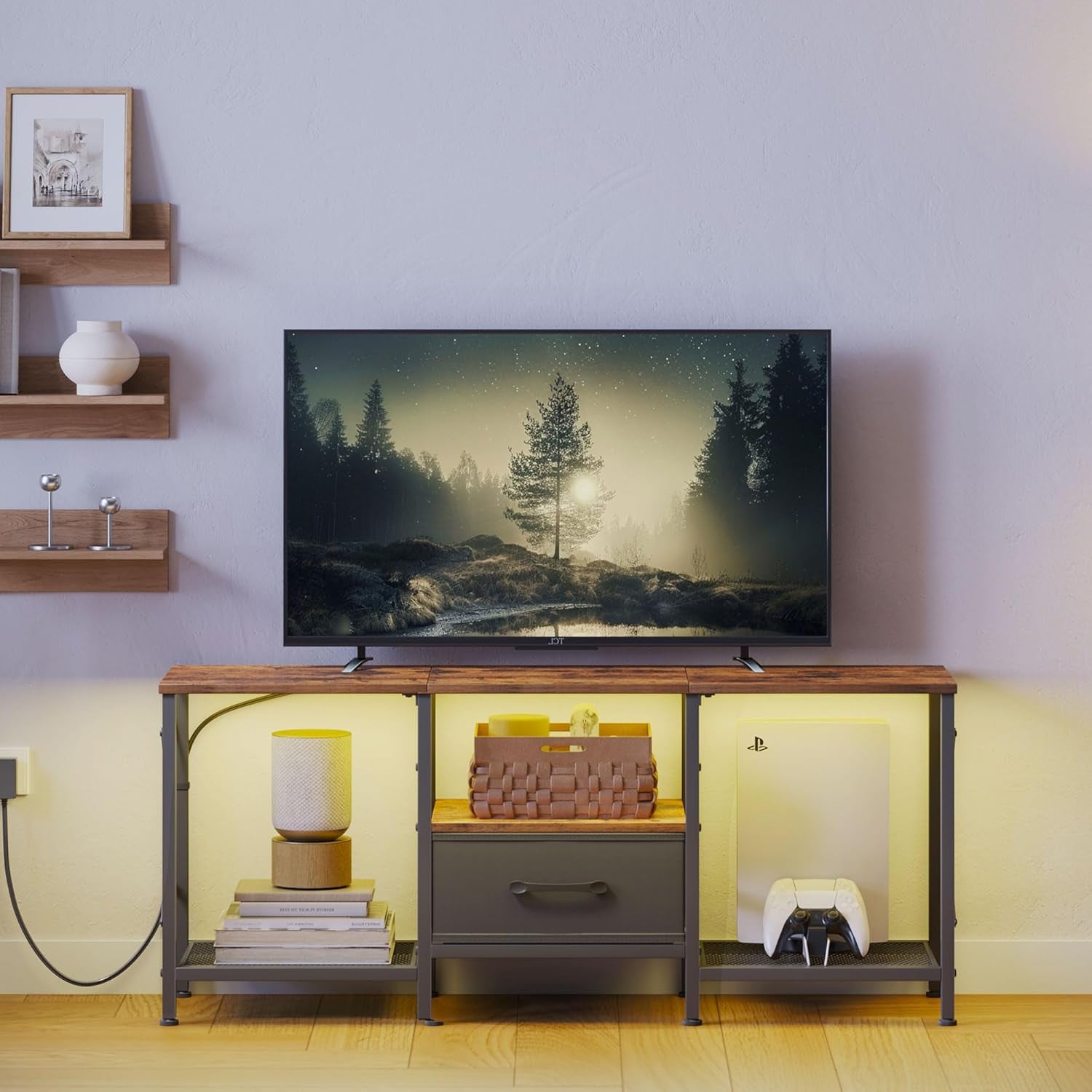 LED TV Stand with Fabric Drawer, Entertainment Center for 50 55 Inch TV, Industrial TV Console Table with Open Storage Shelves for Living Room, Bedroom, Rustic Brown