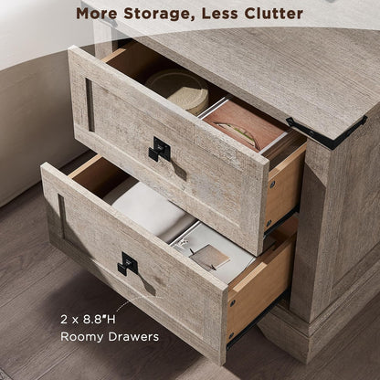 24" Farmhouse Nightstand with Charging Station Set of 2, Large End Table with 2 Storage Drawers, Rustic Wood Sofa Bedside Table for Bedroom, Light Rustic Oak