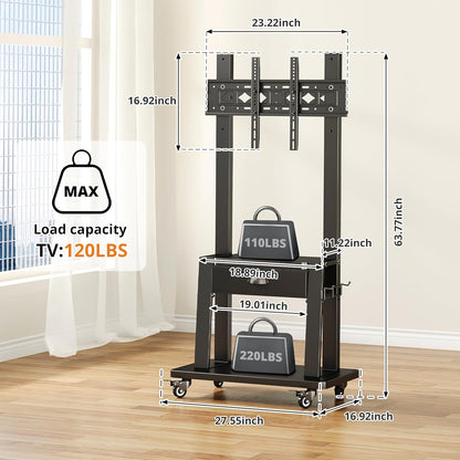 Mobile TV Cart with Drawer,For 23-75 Inch Flat/Curved Screen up to 120Lbs,Adjustable Height Rolling Tvs Floor Stand with 2 Tiers Shelves,Locking Wheel,For Indoor Outdoor,Max VESA 600X400Mm,Black