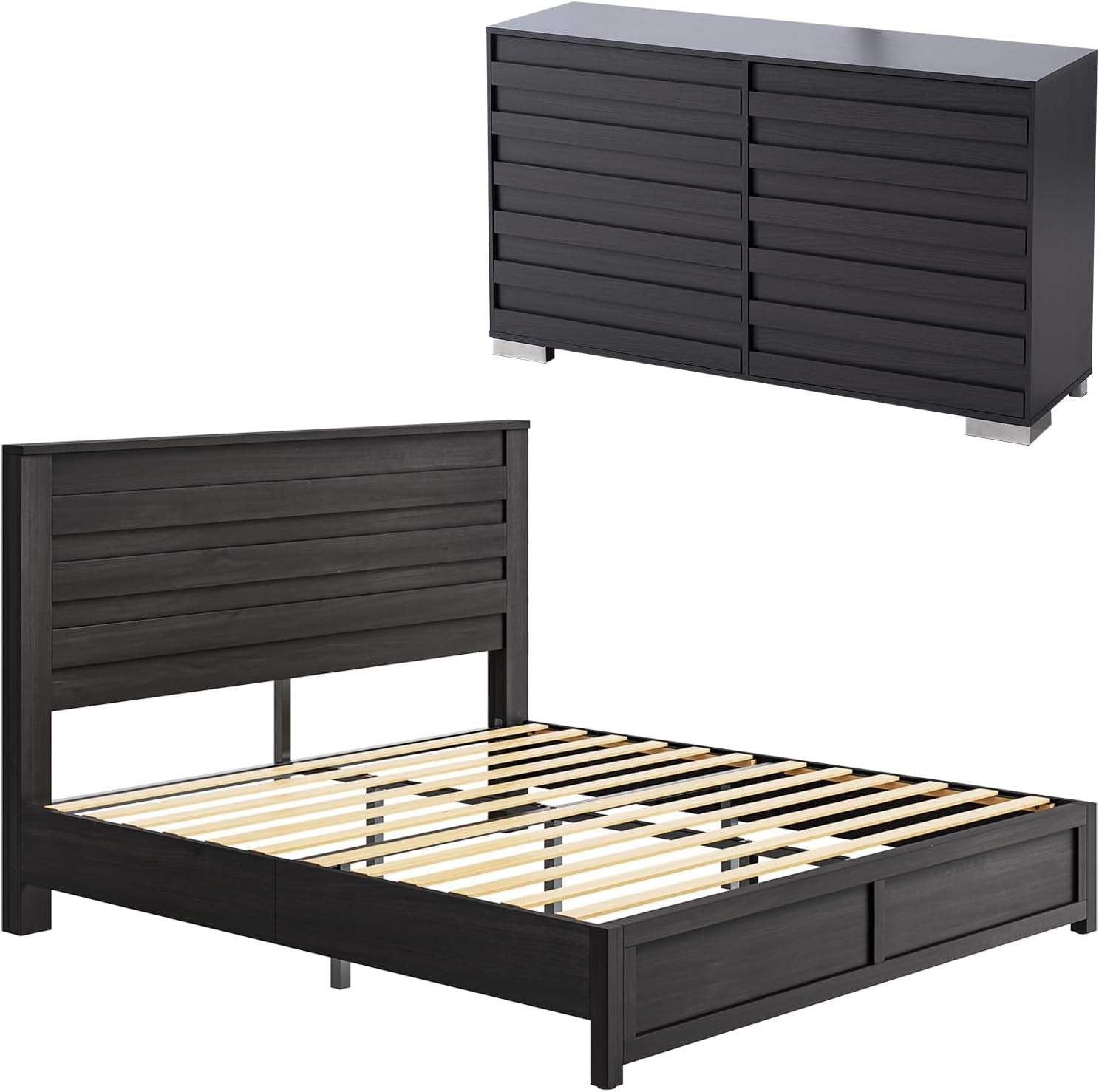 2 Pcs Bedroom Furniture Sets - Includes 1 X Farmhouse 6 Drawers Dresser, 1X Farmhouse Full Size Bed Frame with 49" Tall Headboard, Wooden Platform Bed with Hidden Metal Bed Frame, Black