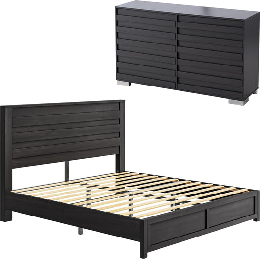 2 Pcs Bedroom Furniture Sets - Includes 1 X Farmhouse 6 Drawers Dresser, 1X Farmhouse Full Size Bed Frame with 49" Tall Headboard, Wooden Platform Bed with Hidden Metal Bed Frame, Black