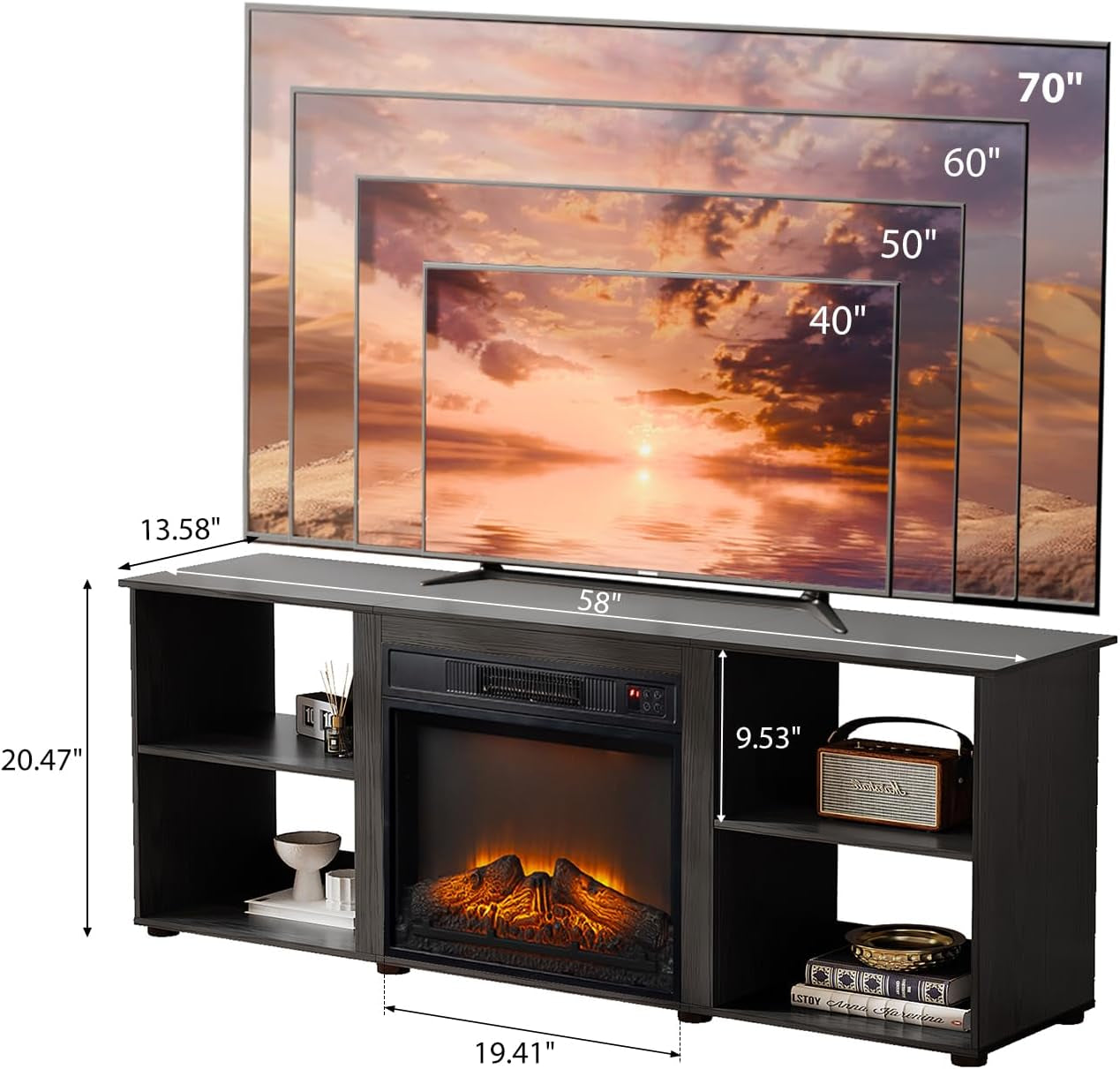 Fireplace TV Stand for up to 70 Inch Tvs, Modern Entertainment Center with Electric Fireplace Heater & Two Open Adjustable Shelves, Fireplace Media Console Table for Living Room, Black