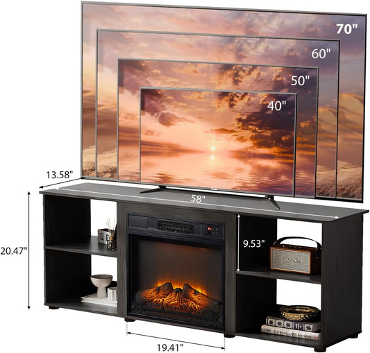 Fireplace TV Stand for up to 70 Inch Tvs, Modern Entertainment Center with Electric Fireplace Heater & Two Open Adjustable Shelves, Fireplace Media Console Table for Living Room, Black