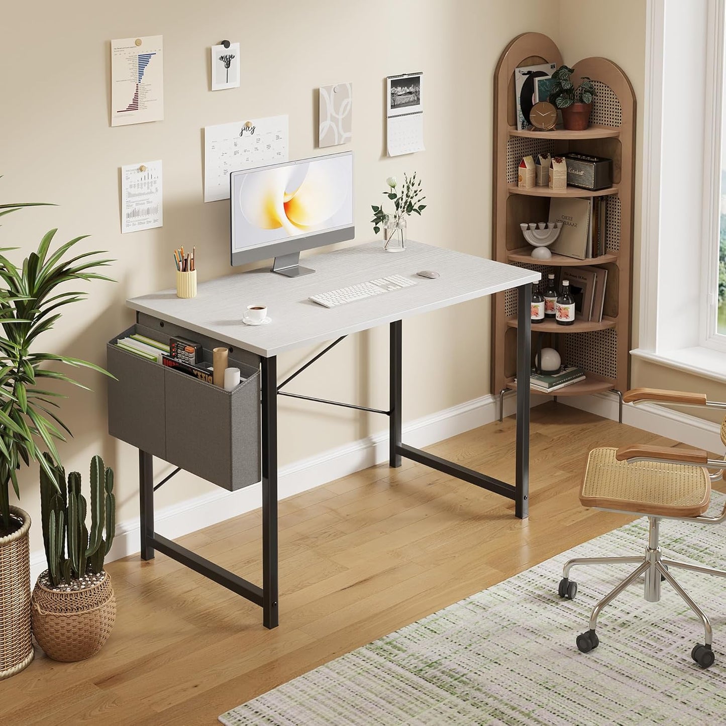 40 Inch Computer Desk Home Office Desks for Bedroom Writing Gaming Work Study Table with Storage Bag for Small Spaces, Modern Workstation in Bright White