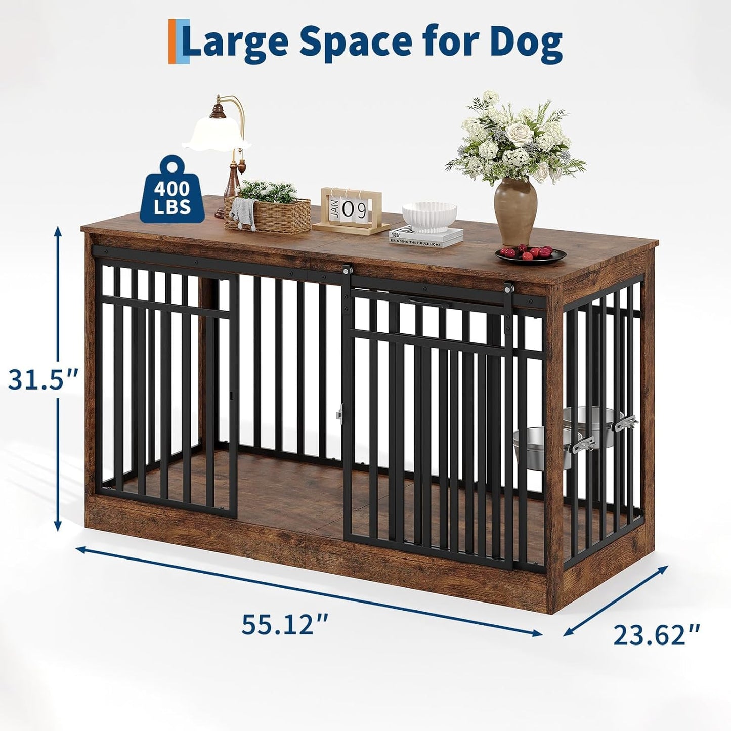 Dog Crate Furniture, 55 Inch Large Dog Cage with Sliding Door and Food Bowl, Heavy Duty Wood & Metal Kennel Table TV Stand for Medium Large Dogs, Rustic Brown