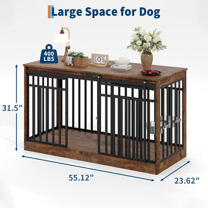 Dog Crate Furniture, 55 Inch Large Dog Cage with Sliding Door and Food Bowl, Heavy Duty Wood & Metal Kennel Table TV Stand for Medium Large Dogs, Rustic Brown