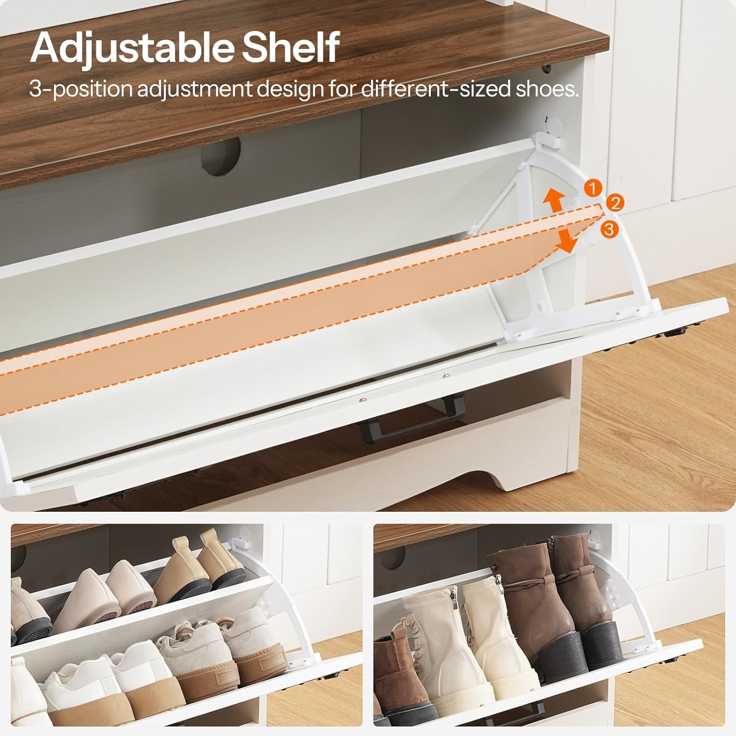 Hall Tree with Bench, Entryway Bench with Coat Rack and Shoe Cabinet, Flip Drawers, Farmhouse Hall Tree with Shoe Organizer, Mud Room, White and Walnut WH85MT01