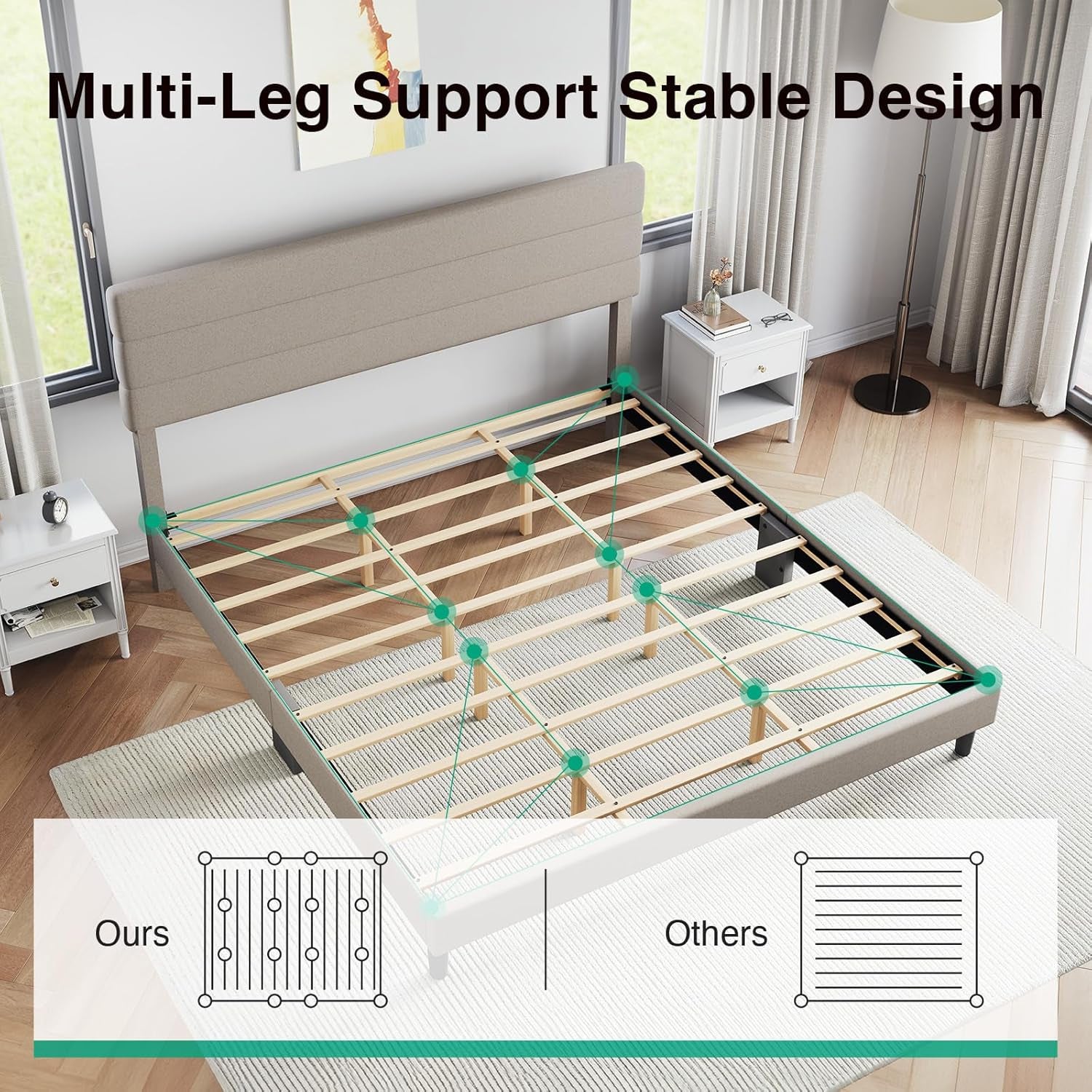 King Bed Frame and Headboard, King Bed Frame, Linen Upholstered Stripe Bed Frames, No Box Spring Needed, Heavy Duty Feet, Easy Assembly, Beige