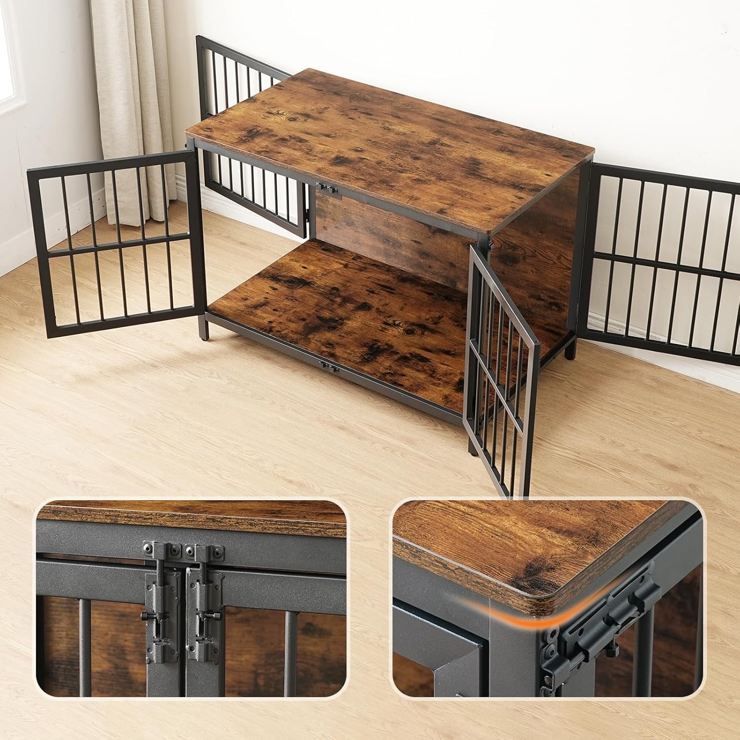 Heavy Duty Dog Crate Furniture, 39.4" Wooden Indoor Kennel with 3 Doors, Chew Resistant Metal Cage for Medium and Large Breeds, Dog Crate Side Table, Black and Rustic Brown BF101GW03