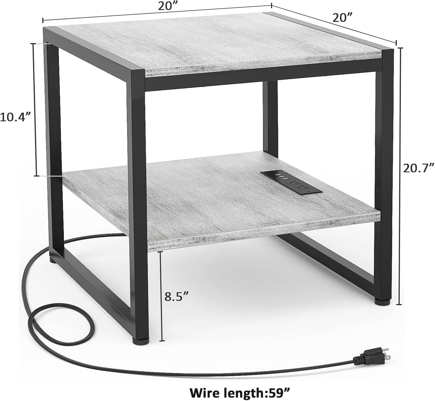 End Table with Charging Station, 20 Inch Square Side Table with USB Ports & Power Outlets, Black Nightstand with 2-Tier Storage Shelf, Mini Fridge Stand for Small Spaces, Black -2 Pack