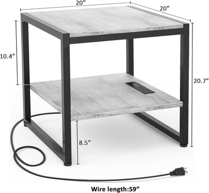 End Table with Charging Station, 20 Inch Square Side Table with USB Ports & Power Outlets, Black Nightstand with 2-Tier Storage Shelf, Mini Fridge Stand for Small Spaces, Black -2 Pack