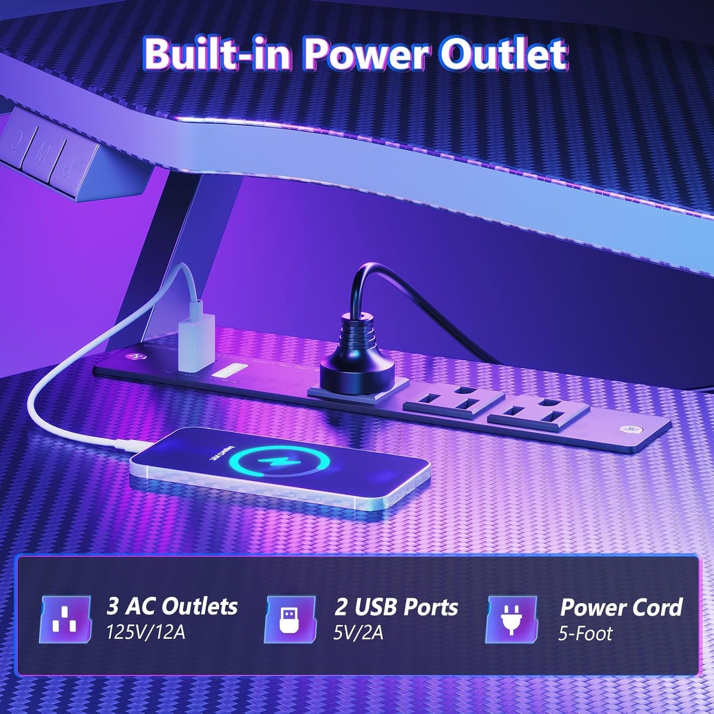 Gaming Desk with Power Outlet & LED Lights, Computer Desk 40 Inch with PC Storage Shelf, Gaming Table with Carbon Fiber Texture, Gamer Desk, Gift for Boys Men, Black