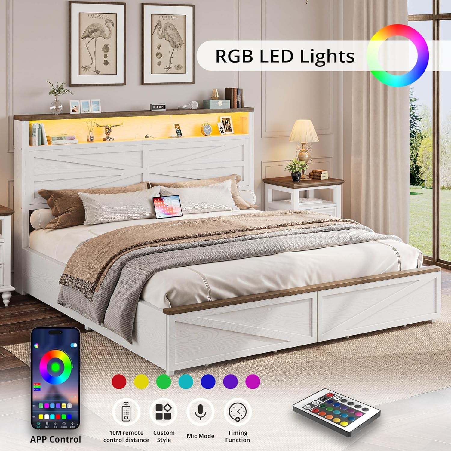 Farmhouse King Size Bed Frame with LED Light and Charging Station, Wood Bed Frame with Storage Headboard and 2 Drawers， Barn Door Design, Sturdy and Noiseless, White