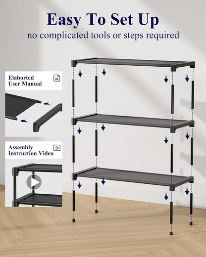 Shoe Rack - Non-Woven Shoe Rack Shelf, Shoe Organizer for Closet, Entryway, Garage & Corridor, Stackable Shoe Shelves, 27.5" Wide - 3 Tier, Black