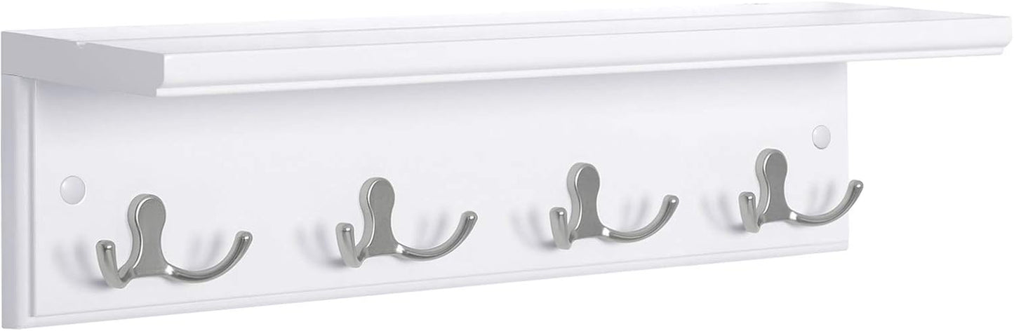 Entryway Hanging Coat Rack, Wall-Mounted Wooden Shelf, with 4 Double Hooks, Wall Floating Shelf, White ULHR42WT