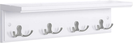 Entryway Hanging Coat Rack, Wall-Mounted Wooden Shelf, with 4 Double Hooks, Wall Floating Shelf, White ULHR42WT