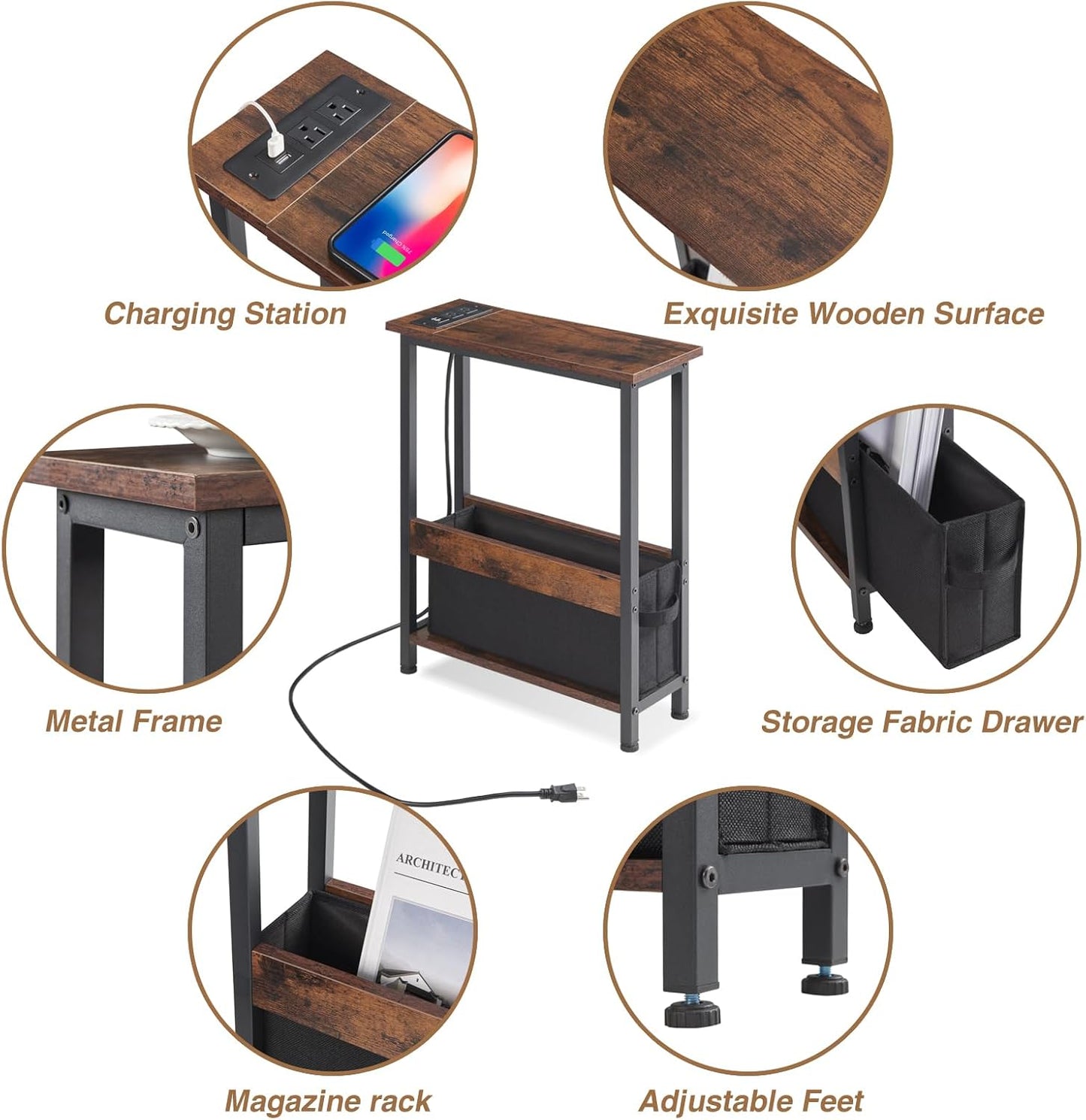 Slim Charging End Table with Storage - for Small Spaces and Bedroom