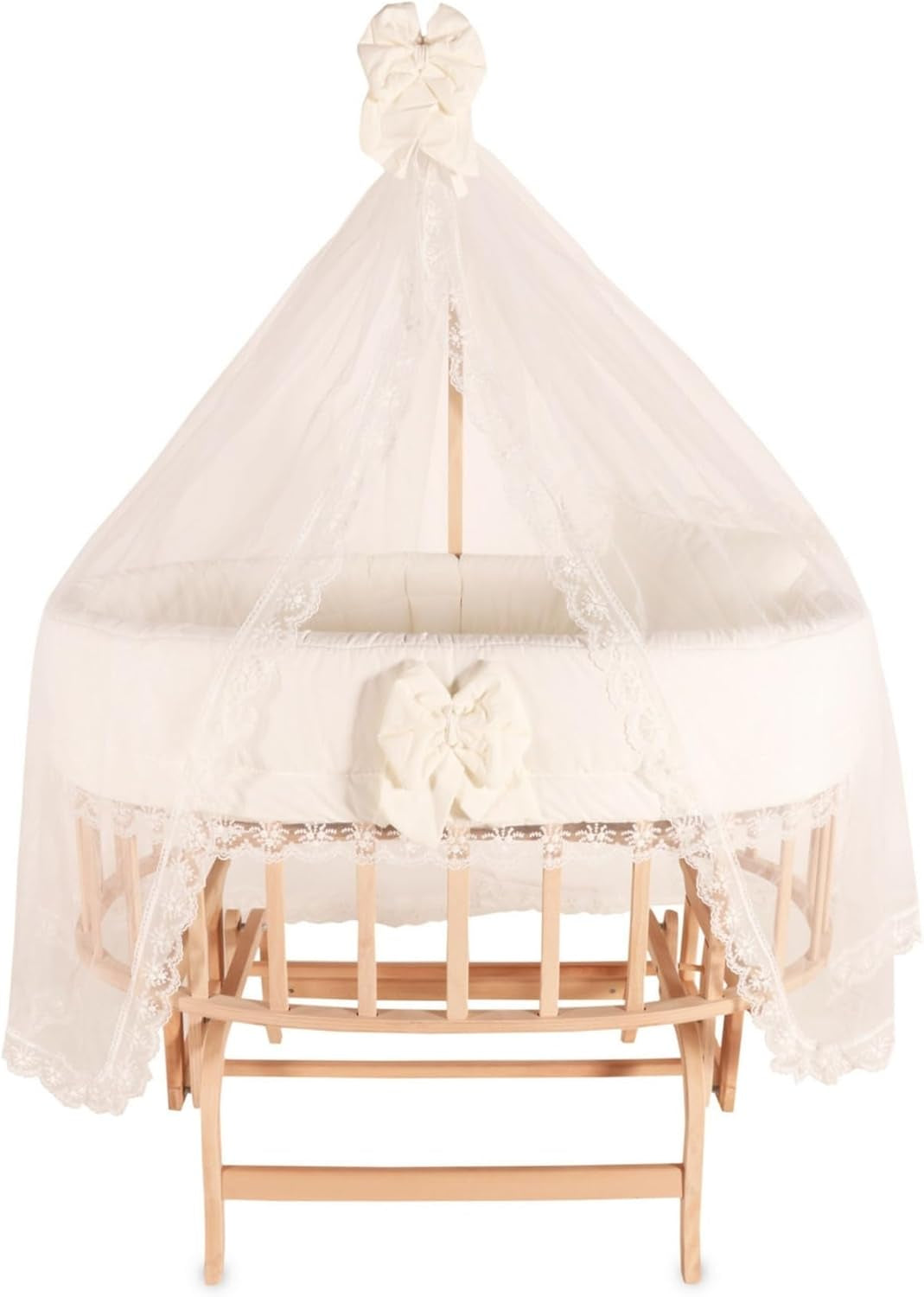 Wooden Baby Bassinet with Canopy, Natural Beech Cradle with Rocking & Locking Function, Includes 100% Cotton Bedding Set, Mattress, Pillow, Bumper, Mosquito Net, Baby Crib for Newborn to 24 Months