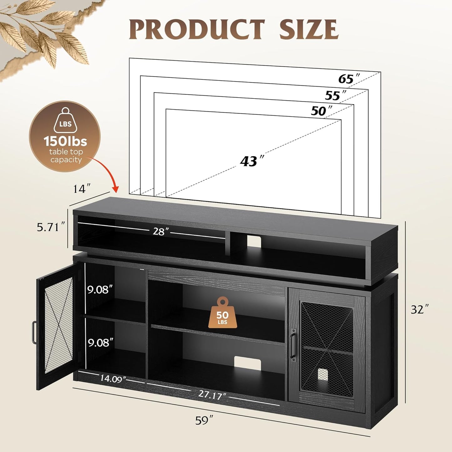 Farmhouse TV Stand for 65 Inch TV, Tall Entertainment Center with Storage Cabinets, Media Console TV Cabinet with LED for Living Room and Bedroom, Black