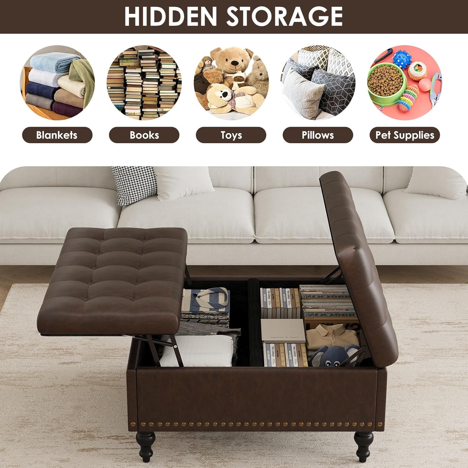 35 Inch Square Ottoman with Storage, Large Leather Ottoman Coffee Table, Lift-Top Leather Ottomans, Multi-Function Storage Bench and Foot Rest, Dark Brown