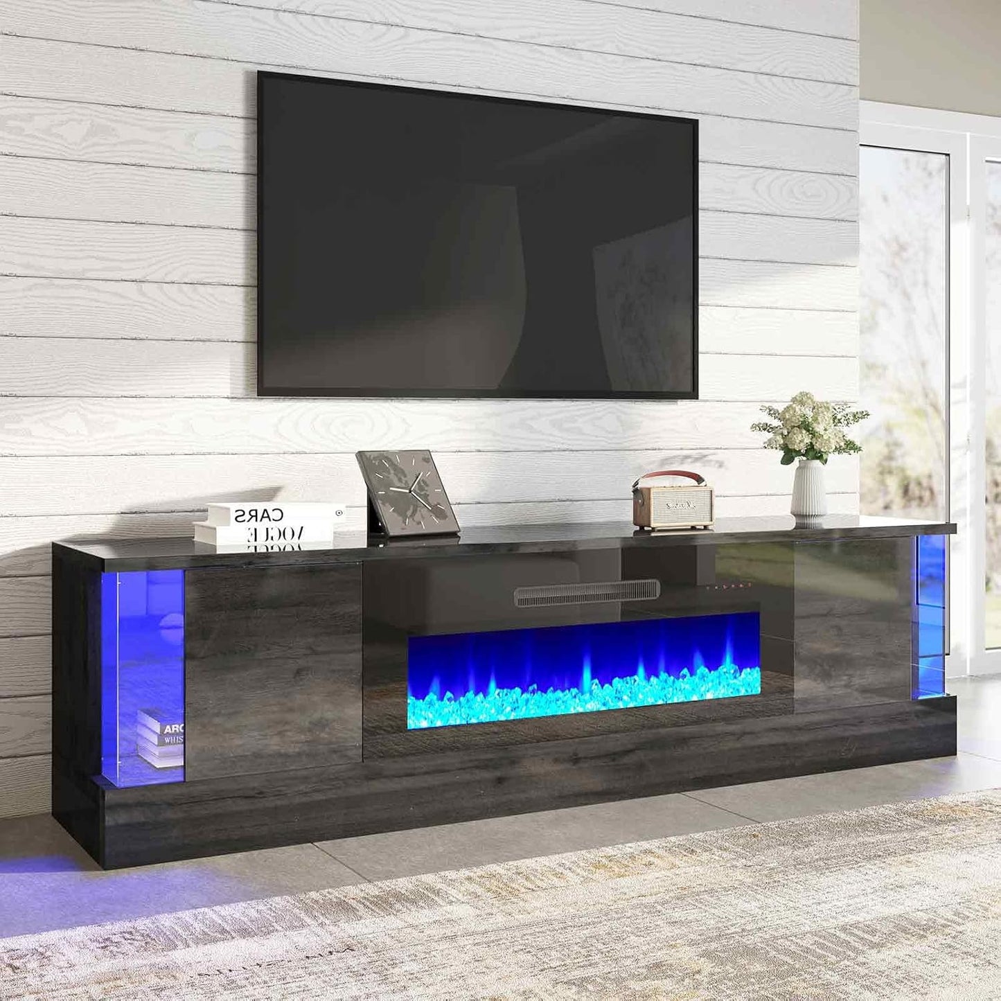 70" Glossy Oak Fireplace TV Stand with 36" Fireplace for Tvs up to 80", LED Lights Entertainment Center with Flip Doors & Corner Glass, Modern TV Console Table, Living Room, Black