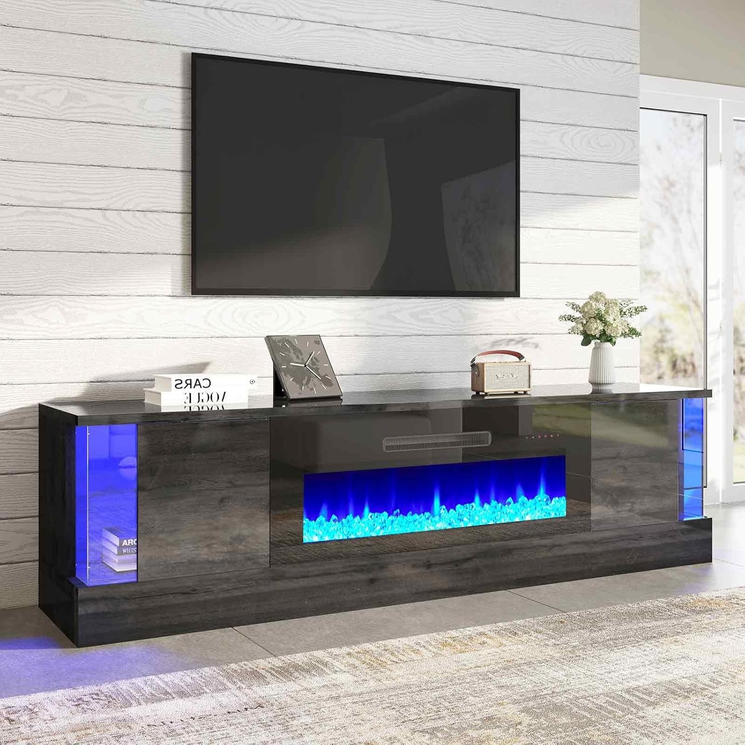 70" Glossy Oak Fireplace TV Stand with 36" Fireplace for Tvs up to 80", LED Lights Entertainment Center with Flip Doors & Corner Glass, Modern TV Console Table, Living Room, Black
