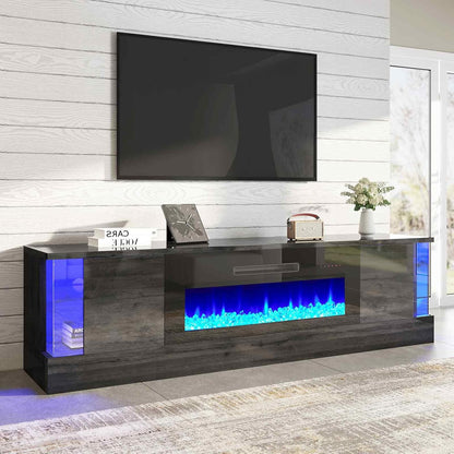 70" Glossy Oak Fireplace TV Stand with 36" Fireplace for Tvs up to 80", LED Lights Entertainment Center with Flip Doors & Corner Glass, Modern TV Console Table, Living Room, Black