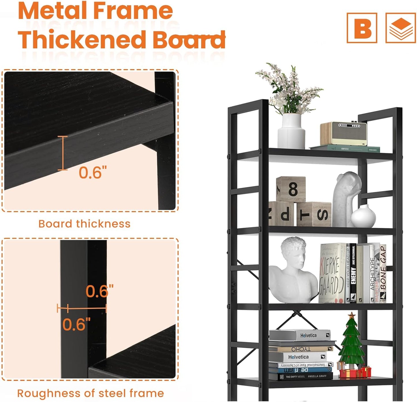 Book Shelf, 5 Tier Bookcase, Modern Tall Bookshelf for Garage Kit, Cds, Movies, Industrial Corner Storage Organizer for Bedroom Home Office Kitchen Living Room, Black
