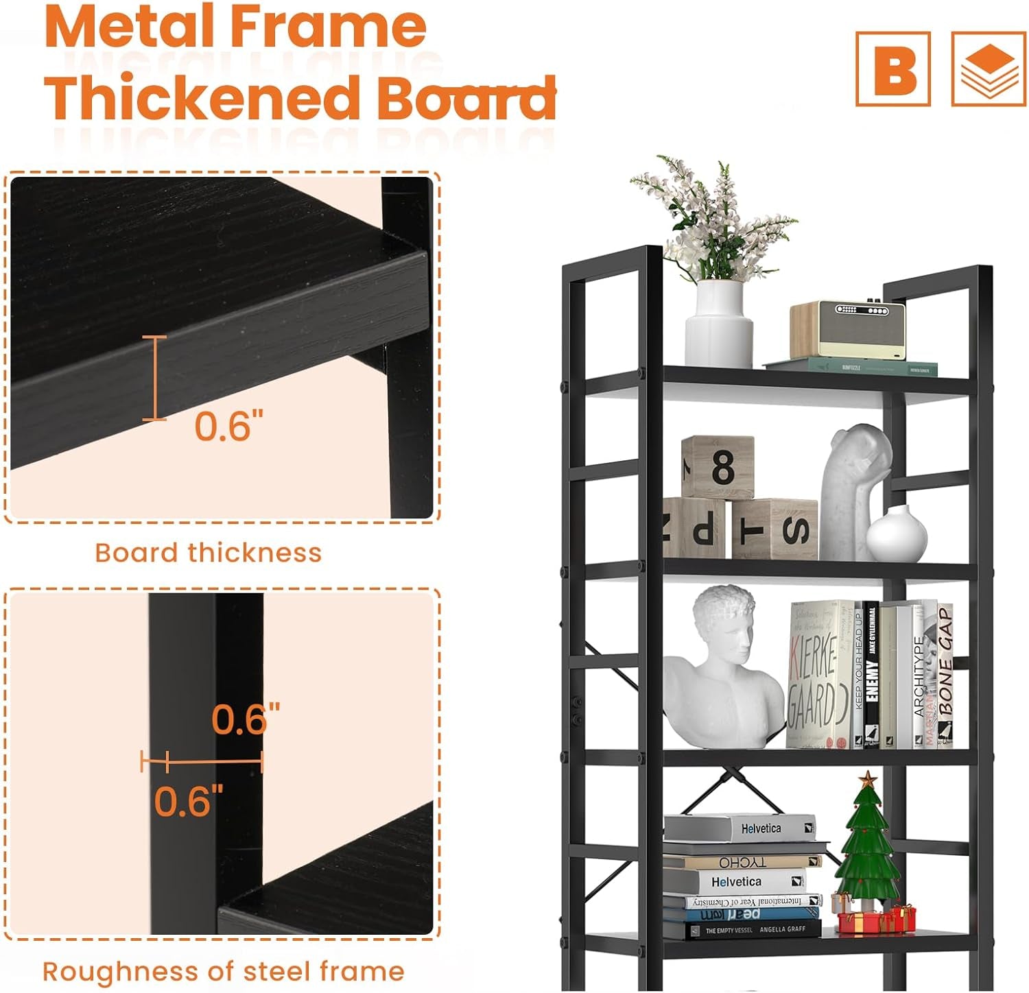 Book Shelf, 5 Tier Bookcase, Modern Tall Bookshelf for Garage Kit, Cds, Movies, Industrial Corner Storage Organizer for Bedroom Home Office Kitchen Living Room, Black