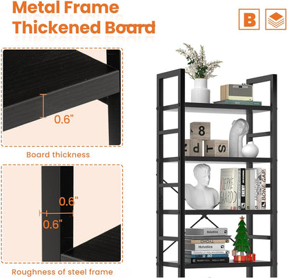 Book Shelf, 5 Tier Bookcase, Modern Tall Bookshelf for Garage Kit, Cds, Movies, Industrial Corner Storage Organizer for Bedroom Home Office Kitchen Living Room, Black