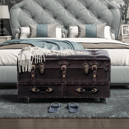 Vintage Treasure Chest Bench with Latch Closure and Buckle Trunk, Farmhouse Faux Leather Storage Ottoman Bench for Living Room, Entryway, Bedroom, Sponge Padded ，Black Brown